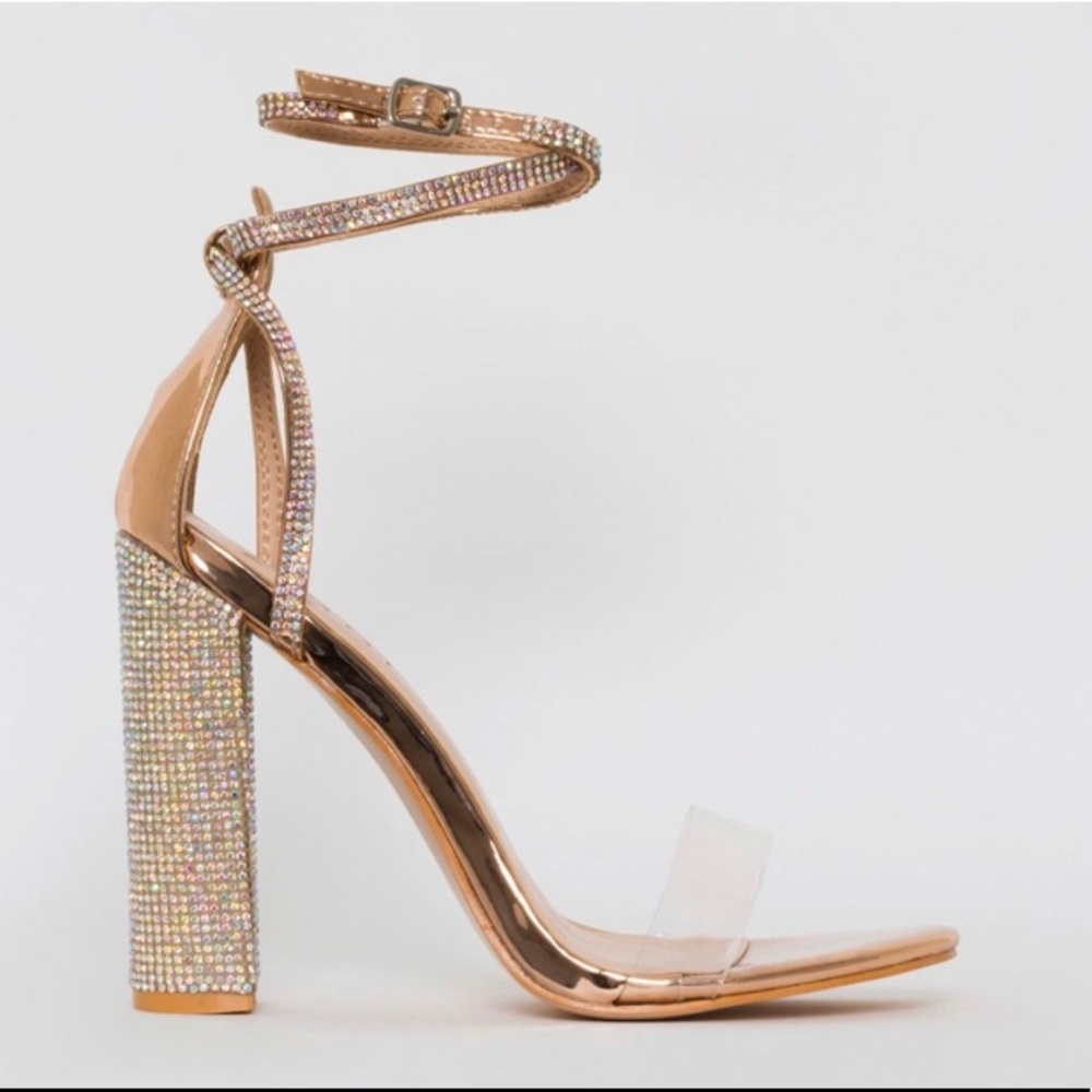 Rose Gold Rhinestone Block High Heel Sandal